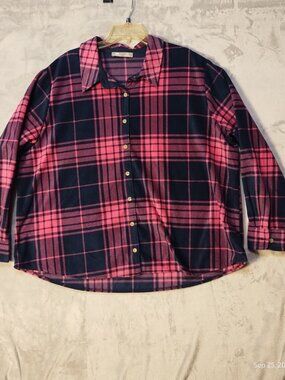 Lee Women’s 2X Plus Pink Navy Plaid Flannel Shirt Button Down Casual Cottagecore